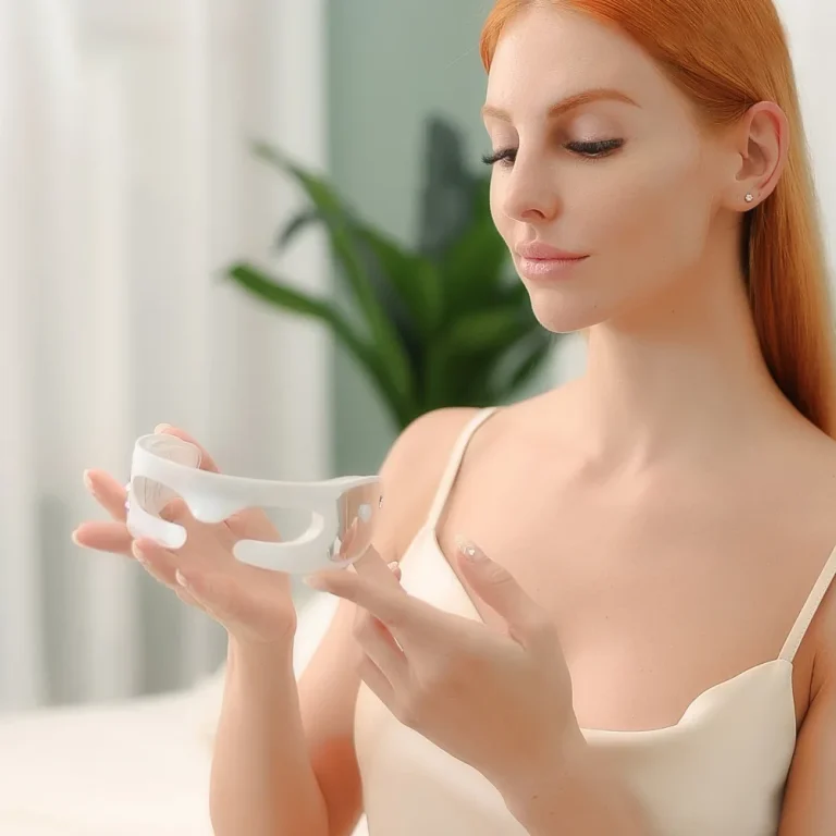 Model with led eye mask in hand